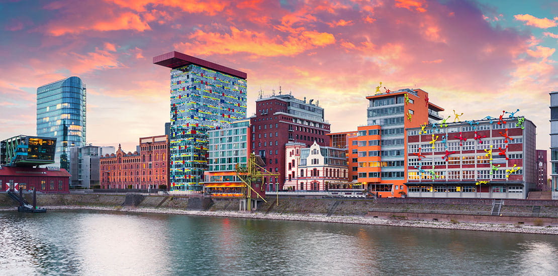 Colorful spring sunset on Rhine river in Dusseldorf